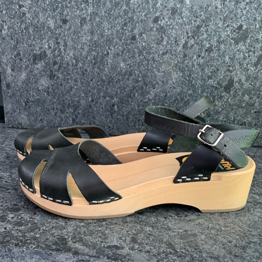 Swedish Hasbeens Black Leather Sandals Size 38